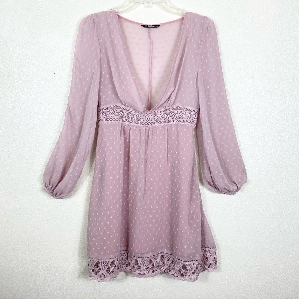 Shein Mauve Swiss Dot Lace Puff Long Sleeve Deep V Neck Dress